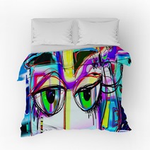 Digital Abstract Art Poster With Doodle Human Eyes Bedding 209846495