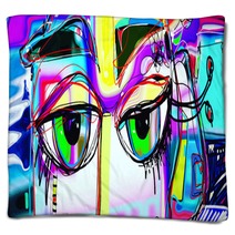 Digital Abstract Art Poster With Doodle Human Eyes Blankets 209846495