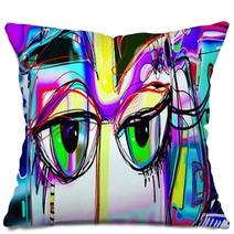 Digital Abstract Art Poster With Doodle Human Eyes Pillows 209846495