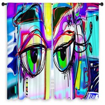 Digital Abstract Art Poster With Doodle Human Eyes Window Curtains 209846495