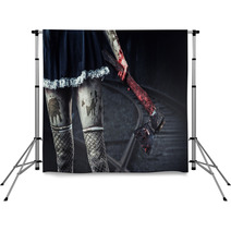 Dirty Woman's Hand Holding A Bloody Axe Backdrops 55061252