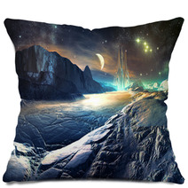 Distant View Of Futuristic Aiien City On Winter World Pillows 40349040