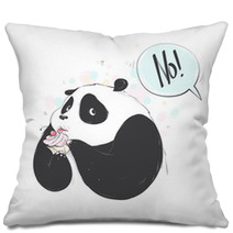 Doodle Panda Cute Cartoon Happy Birthday Cake For Decoration Design Funny Sweet Vector Bear With Food Icon Pillows 212038172