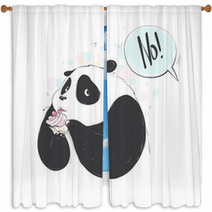 Doodle Panda Cute Cartoon Happy Birthday Cake For Decoration Design Funny Sweet Vector Bear With Food Icon Window Curtains 212038172
