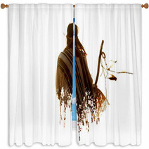 Double Exposure Of Native American Indian Woman And Braches In S Window Curtains 118843295