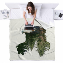 Double Exposure Portraits Of Eagle And Tree Branch Blankets 97009703