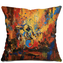 Drummer On Motley Multicolored Background Original Acrylic Painting On Canvas Pillows 139186328