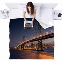 Dusk Over San Francisco Bay Bridge And Skyline From Yerna Buena Island Blankets 84925741