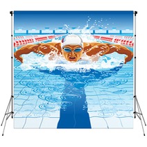 Dynamic And Fit Swimmer In Cap Breathing Performing The Butterfly Stroke Backdrops 91229500