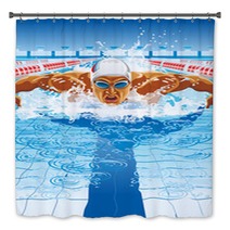 Dynamic And Fit Swimmer In Cap Breathing Performing The Butterfly Stroke Bath Decor 91229500