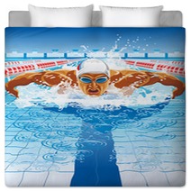 Dynamic And Fit Swimmer In Cap Breathing Performing The Butterfly Stroke Bedding 91229500