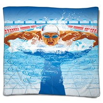 Dynamic And Fit Swimmer In Cap Breathing Performing The Butterfly Stroke Blankets 91229500