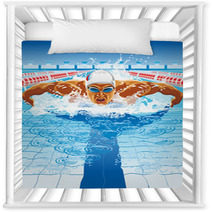 Dynamic And Fit Swimmer In Cap Breathing Performing The Butterfly Stroke Nursery Decor 91229500