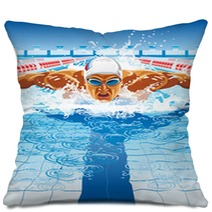 Dynamic And Fit Swimmer In Cap Breathing Performing The Butterfly Stroke Pillows 91229500