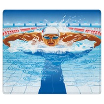 Dynamic And Fit Swimmer In Cap Breathing Performing The Butterfly Stroke Rugs 91229500