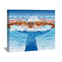 Dynamic And Fit Swimmer In Cap Breathing Performing The Butterfly Stroke Wall Art 91229500