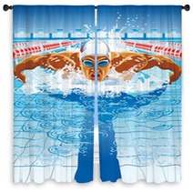 Dynamic And Fit Swimmer In Cap Breathing Performing The Butterfly Stroke Window Curtains 91229500