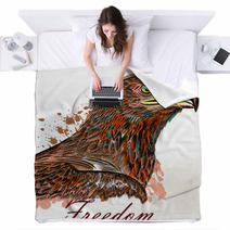 Eagle Hand Drawn Bird Illustration In Engraved And Watercolor Style Blankets 168063848