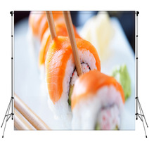 Eating Sushi With Chopstricks Panorama Photo Backdrops 68450341