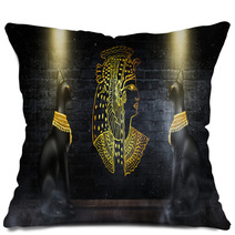 Egyptian Asbstract Background Goddess Of Egypt Bastet Abstract Neon Bokeh Background Rays Pillows 227535381
