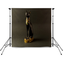 Egyptian Black Bastet Cat Figurine On Black Background Backdrops 194588001