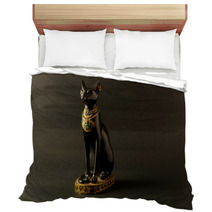 Egyptian Black Bastet Cat Figurine On Black Background Bedding 194588001