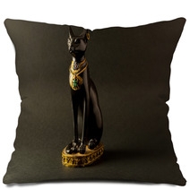 Egyptian Black Bastet Cat Figurine On Black Background Pillows 194588001