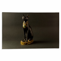 Egyptian Black Bastet Cat Figurine On Black Background Rugs 194588001