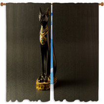 Egyptian Black Bastet Cat Figurine On Black Background Window Curtains 194588001
