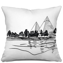 Egyptian Pyramids Landscape Hand Drawn Vector Illustration Pillows 76224514