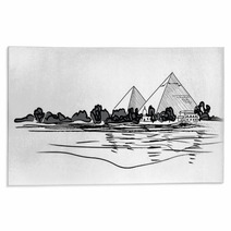 Egyptian Pyramids Landscape Hand Drawn Vector Illustration Rugs 76224514