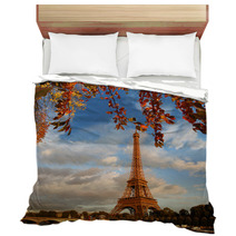 Eiffel Tower With Autumn Leaves In Paris, France Bedding 54161197