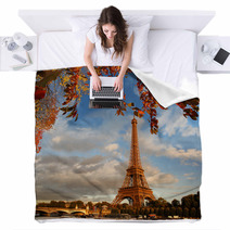 Eiffel Tower With Autumn Leaves In Paris, France Blankets 54161197