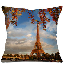 Eiffel Tower With Autumn Leaves In Paris, France Pillows 54161197