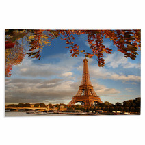 Eiffel Tower With Autumn Leaves In Paris, France Rugs 54161197