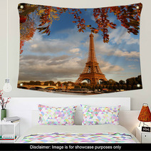 Eiffel Tower With Autumn Leaves In Paris, France Wall Art 54161197