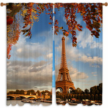 Eiffel Tower With Autumn Leaves In Paris, France Window Curtains 54161197