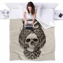 Elaborate Drawing Of Owl Holding Skull Blankets 141433028