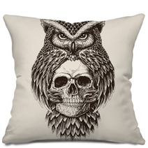 Elaborate Drawing Of Owl Holding Skull Pillows 141433028
