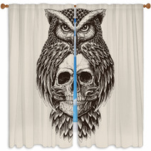 Elaborate Drawing Of Owl Holding Skull Window Curtains 141433028