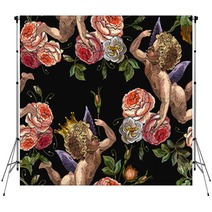 Embroidery Angels And Roses Flowers Seamless Pattern Embroidery Love Background Cupids Art Happy Valentines Day Concept Template For Clothes T Shirt Design Backdrops 244281273