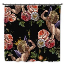Embroidery Angels And Roses Flowers Seamless Pattern Embroidery Love Background Cupids Art Happy Valentines Day Concept Template For Clothes T Shirt Design Bath Decor 244281273
