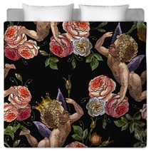 Embroidery Angels And Roses Flowers Seamless Pattern Embroidery Love Background Cupids Art Happy Valentines Day Concept Template For Clothes T Shirt Design Bedding 244281273