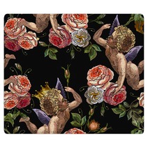 Embroidery Angels And Roses Flowers Seamless Pattern Embroidery Love Background Cupids Art Happy Valentines Day Concept Template For Clothes T Shirt Design Rugs 244281273