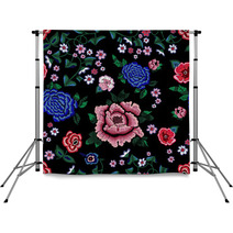 Embroidery Ethnic Seamless Pattern With Simplify Roses And Peonies Backdrops 180507883