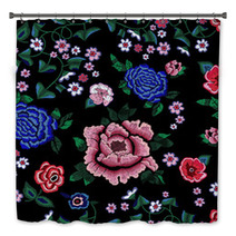 Embroidery Ethnic Seamless Pattern With Simplify Roses And Peonies Bath Decor 180507883