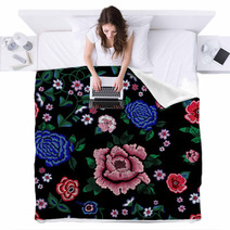 Embroidery Ethnic Seamless Pattern With Simplify Roses And Peonies Blankets 180507883