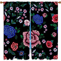 Embroidery Ethnic Seamless Pattern With Simplify Roses And Peonies Window Curtains 180507883