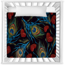 Embroidery Peacock Feathers And Hearts Seamless Pattern Symbol Of Love Passion Classical Fashionable Embroidery Beautiful Peacocks Feathers And Red Heart Fashionable Template Design Of Clothes Nursery Decor 189016650