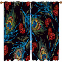Embroidery Peacock Feathers And Hearts Seamless Pattern Symbol Of Love Passion Classical Fashionable Embroidery Beautiful Peacocks Feathers And Red Heart Fashionable Template Design Of Clothes Window Curtains 189016650